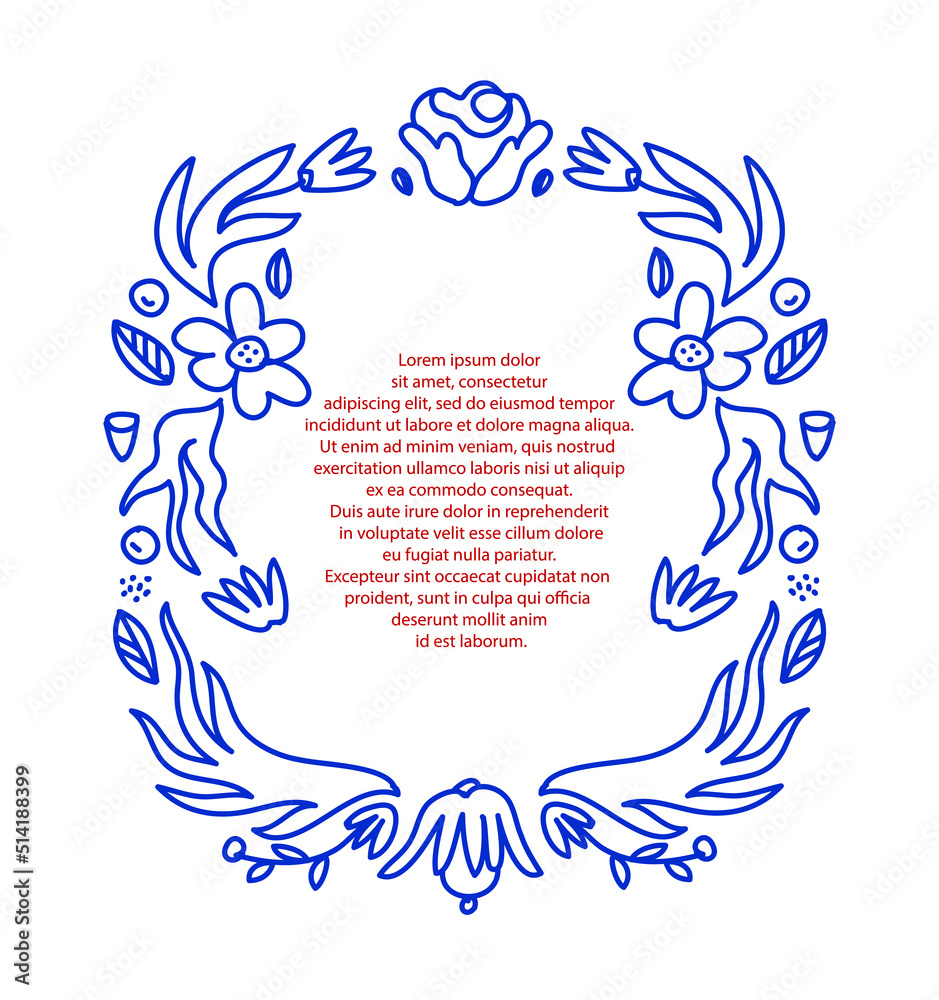 Obraz premium Minimalist floral frame with plant elements in blue color. Beautiful template with flowers and leaves. Perfect for wedding invitations, magazine articles, cards, posters.