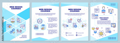 Web design courses cyan brochure template. Programming skill. Leaflet design with linear icons. Editable 4 vector layouts for presentation, annual reports. Arial-Black, Myriad Pro-Regular fonts used