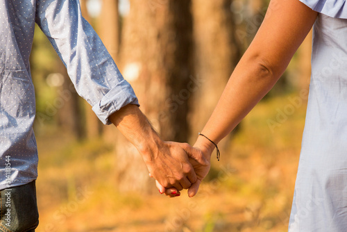 couple holding hands and walking in the forest 