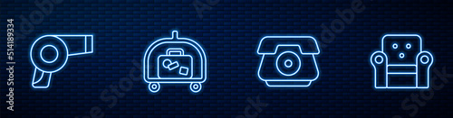Set line Telephone handset, Hair dryer, Hotel luggage cart and Armchair. Glowing neon icon on brick wall. Vector