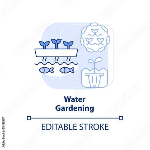 Water gardening light blue concept icon. Aquatic garden. Aquaculture. Gardening type abstract idea thin line illustration. Isolated outline drawing. Editable stroke. Arial, Myriad Pro-Bold fonts used
