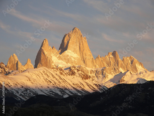 Beautiful view of the sunrise reflected in the majestic Fitz Roy in the Andes of Patagonia