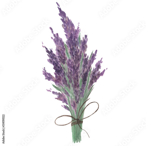 Watercolor illustration of hand painted bouquet of lavender flowers tied with rope in bow. Green leaves  purple flowers. France levender fields  Provence. Isolated clip art for prints  packaging