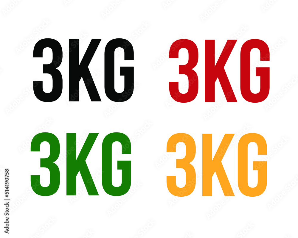 3kg text. Vector with value in kilograms black, red, green and orange on white background. 3kg text. Vector with value in kilograms black, red, green and orange on white background.