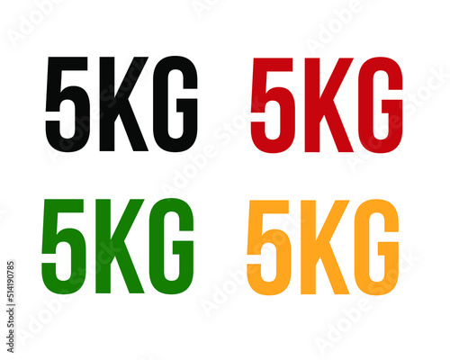 5kg text. Vector with value in kilograms black, red, green and orange on white background.