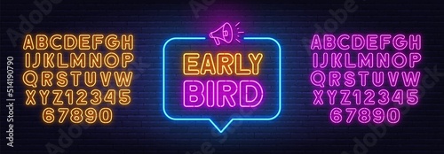 Early Bird neon sign in the speech bubble on brick wall background.