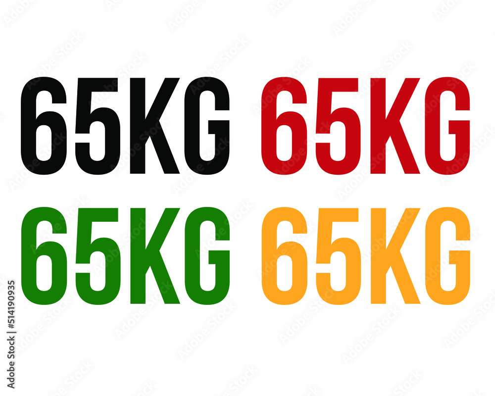 65kg text. Vector with value in kilograms black, red, green and orange on white background.