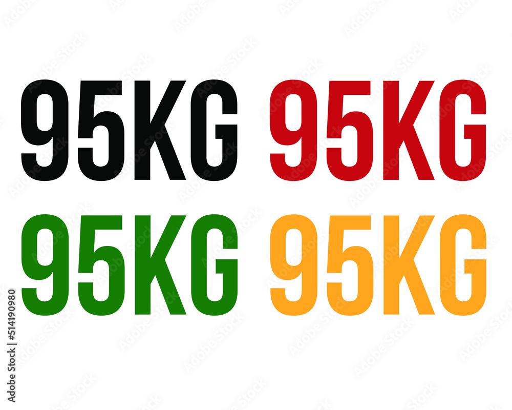 95kg text. Vector with value in kilograms black, red, green and orange on white background. 95kg text. Vector with value in kilograms black, red, green and orange on white background.