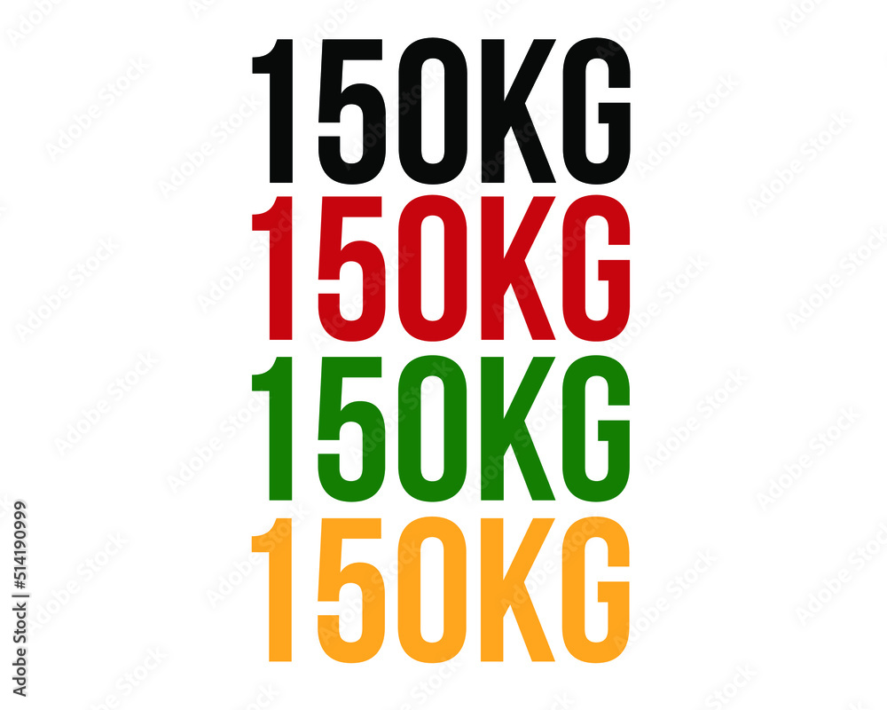 150kg text. Vector with value in kilograms black, red, green and orange on white background. 150kg text. Vector with value in kilograms black, red, green and orange on white background.