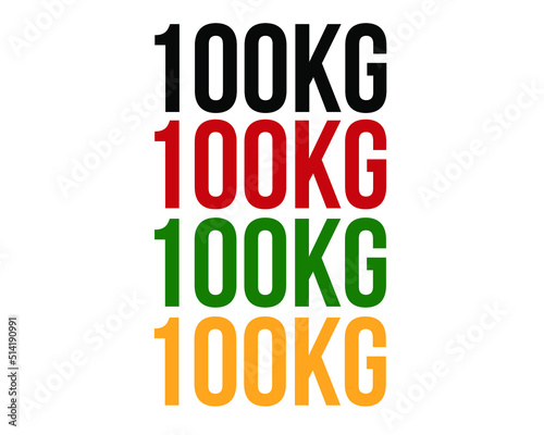 100kg text. Vector with value in kilograms black, red, green and orange on white background.