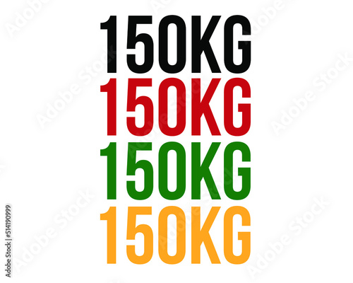 150kg text. Vector with value in kilograms black, red, green and orange on white background.