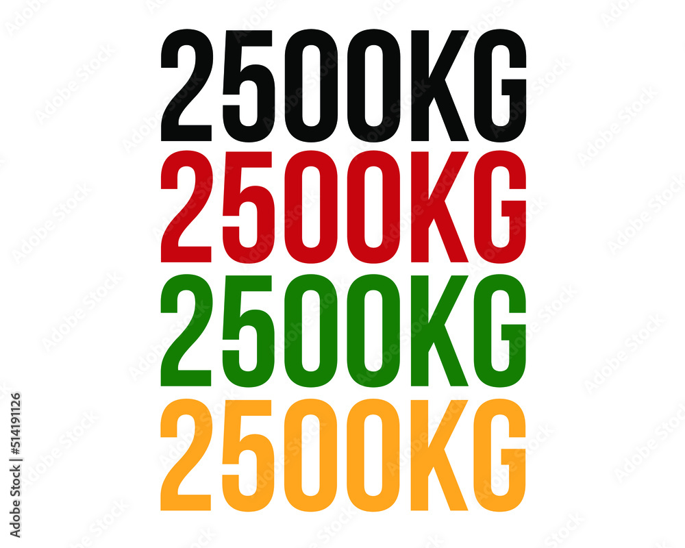 2500kg text. Vector with value in kilograms black, red, green and orange on white background.