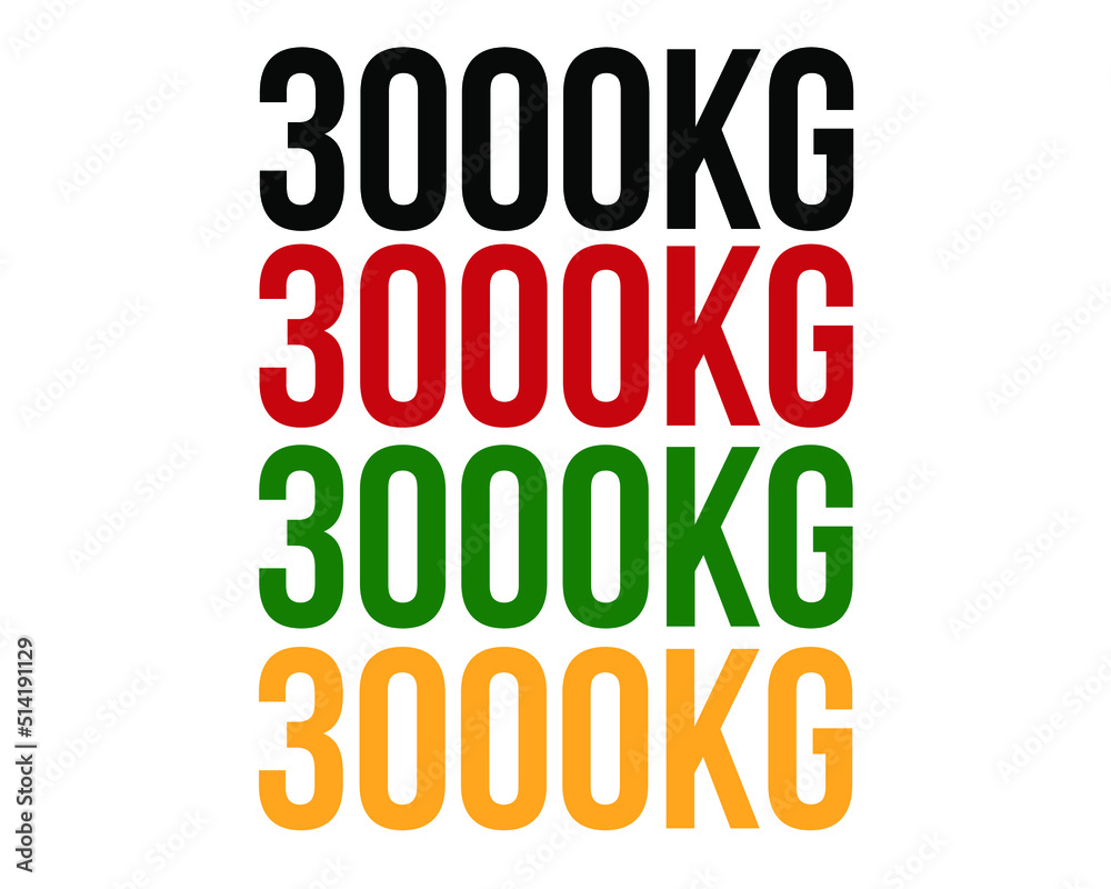3000kg text. Vector with value in kilograms black, red, green and orange on white background. 3000kg text. Vector with value in kilograms black, red, green and orange on white background.
