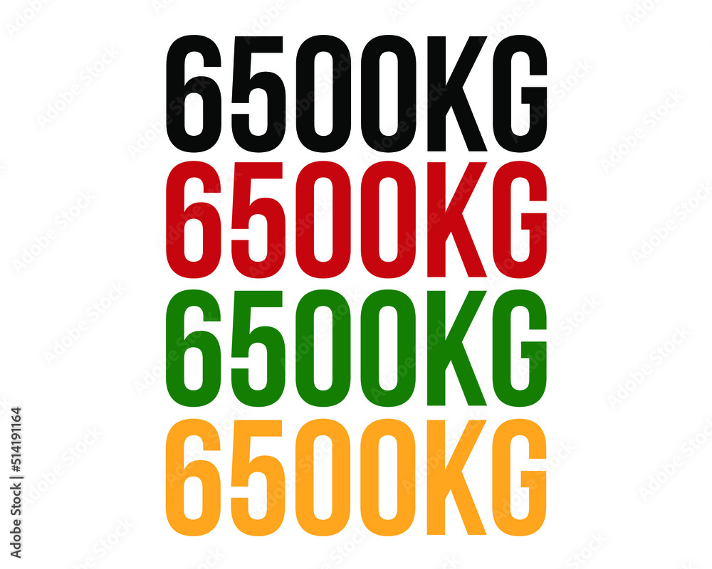 6500kg text. Vector with value in kilograms black, red, green and orange on white background.