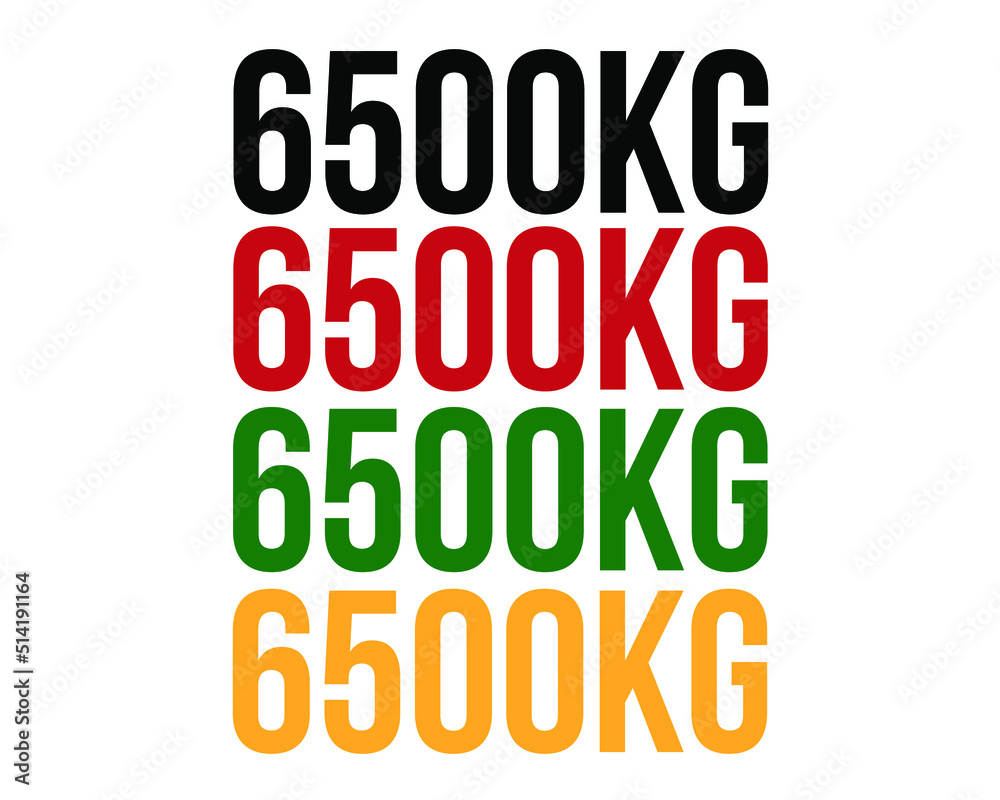 6500kg text. Vector with value in kilograms black, red, green and orange on white background. 6500kg text. Vector with value in kilograms black, red, green and orange on white background.