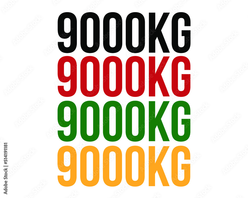 9000kg text. Vector with value in kilograms black, red, green and orange on white background. 9000kg text. Vector with value in kilograms black, red, green and orange on white background.