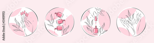 Set of icons for nail studio. Nail polish, nail brush, manicured female hands. Vector illustrations