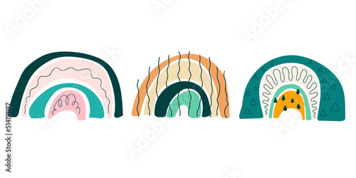 Boho rainbows with bizarre pattern set. Hand drawn cute arch for nursery decoration, birthday, childrens party, room interior posters. Gender neutral scandinavian nursery graphics
