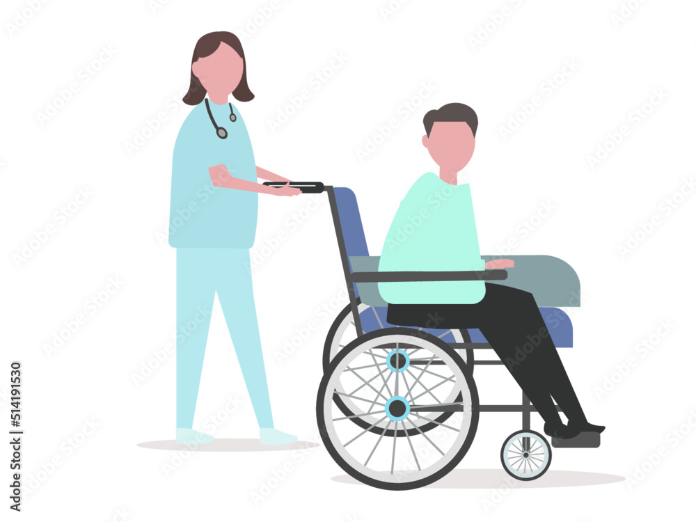 車椅子の患者と医者 看護士 ナース 押す 治療 病気やケガ