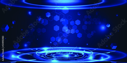 Vector illustrations of Futuristic digital technology hi-tech stage for showcase with neon blue pedestal circle platform and laser ring and hexagonal pattern for digital advertising and game artwork.
