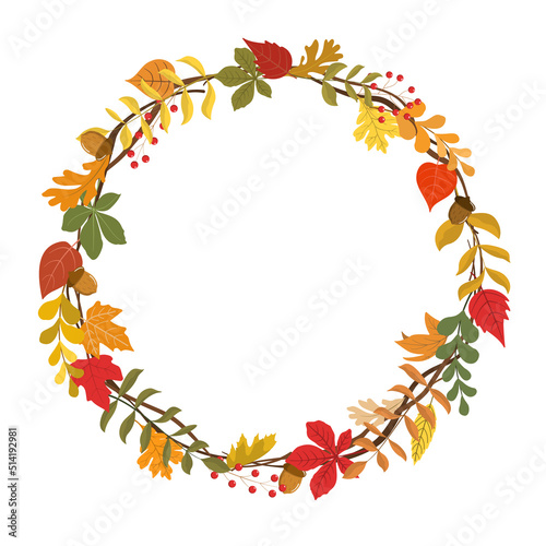 Autumn colorful leaf wreath with dry autumn leaves, acorns, and berries. Thanksgiving day, harvest festival poster design template. Vector illustration. Isolated on white background.