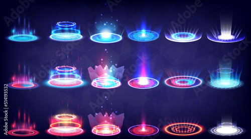 Sci-fi high-technology stage collection in red and blue glowing HUD. Hologram portal swirl light of science futuristic. Magic warp gate in game fantasy. Circle teleport podium. HUD tech circle