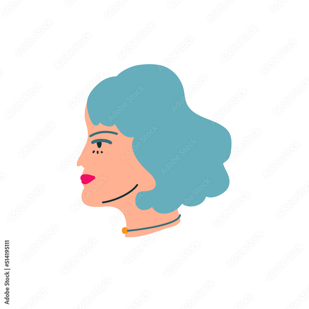 Minimalist vector portrait of a girl. Illustration of woman's face. Lady with blue hair. Portrait in profile.