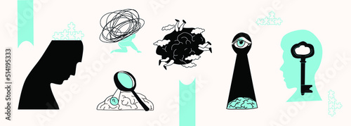 Mental health therapy. Set of vector illustrations of emotional state, mental health, problem solving, finding the right way.