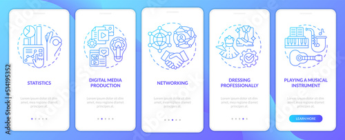 Professional skills blue gradient onboarding mobile app screen. Career walkthrough 5 steps graphic instructions with linear concepts. UI, UX, GUI template. Myriad Pro-Bold, Regular fonts used
