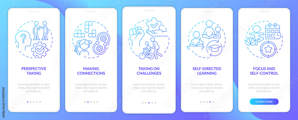 Skills for kids blue gradient onboarding mobile app screen. Development walkthrough 5 steps graphic instructions with linear concepts. UI, UX, GUI template. Myriad Pro-Bold, Regular fonts used Skills for kids blue gradient onboarding mobile app screen. Development walkthrough 5 steps graphic instructions with linear concepts. UI, UX, GUI template. Myriad Pro-Bold, Regular fonts used