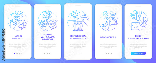 Skills for students blue gradient onboarding mobile app screen. Education walkthrough 5 steps graphic instructions with linear concepts. UI, UX, GUI template. Myriad Pro-Bold, Regular fonts used