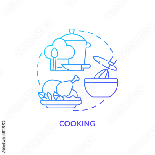 Cooking blue gradient concept icon. Basic life skill abstract idea thin line illustration. Food preparation. Culinary art. Kitchen tips. Isolated outline drawing. Myriad Pro-Bold font used