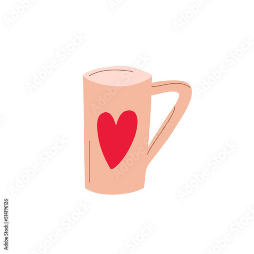 Simple vector illustration of beige cup with red heart. Cup For coffee, tea and other drinks.
