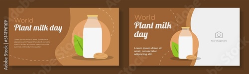 Happy world plant milk day online banner template set, nut based drinks celebration advertisement, vegan, vegetarian almond horizontal ad, August 22nd, non-dairy products content marketing post