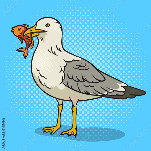 Leinwand Poster Seagull with fish in its beak pop art retro vector illustration
