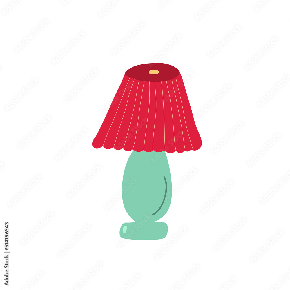 Colorful vector illustration of lamp. Light fitting with a red shade and a green-blue column. Interior element. Decoration.