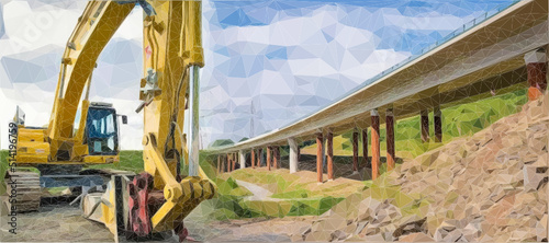 Autobahnbaustelle. Eine Autobahnbrücke wurde gebaut. Ein großer Bagger steht im Vordergrund. Vektor in Low Poly Art. 