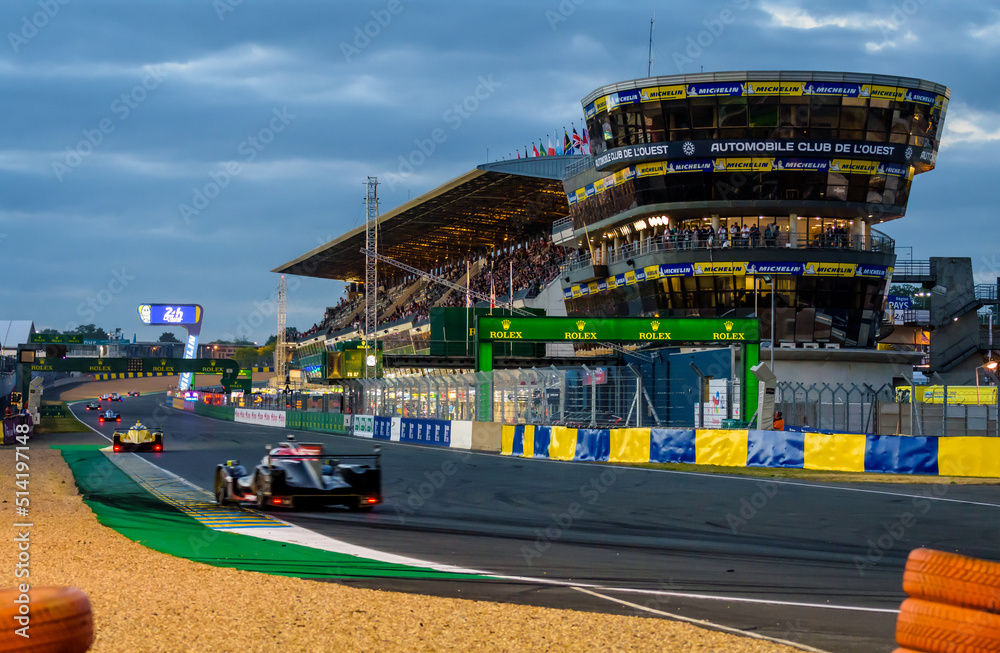 Le Mans, France June 11, 2022 Prototype and GT race cars drive in the pit straight at