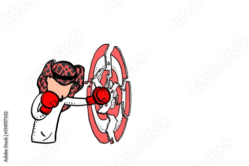 Arabian Businessman punching the target. Business achievement concept. Hand drawn vector illustration design on isolated backgroundisolated background