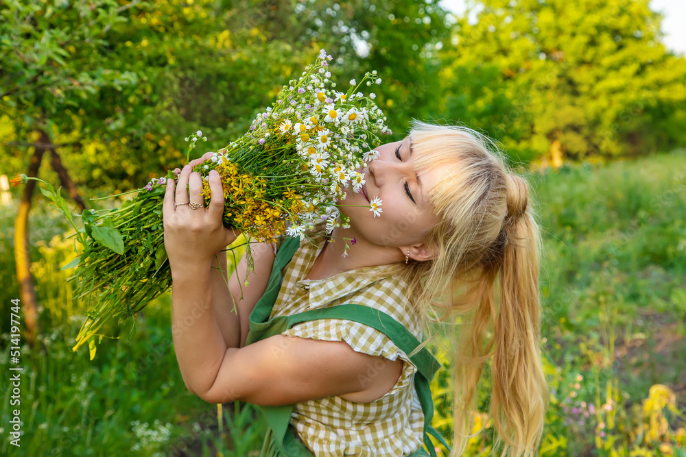 A woman collects medicinal herbs. Selective focus. A woman collects medicinal herbs. Selective focus.