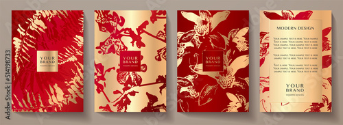 Fotografie, Tablou Floral cover, frame design set with gold abstract orchid flower on red background
