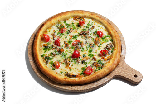 Pizza with mussels, tomatoes, cheese, green onions and sauce