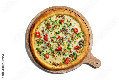 Pizza with mussels, tomatoes, cheese, green onions and sauce