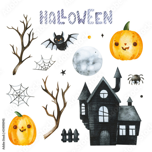 Cute watercolor Halloween collection.Set with branches, haunted house,moon,bat,spider web and pumpkins.Perfect for wallpaper,print,stationery, scrapbooking, packaging,party decorations.