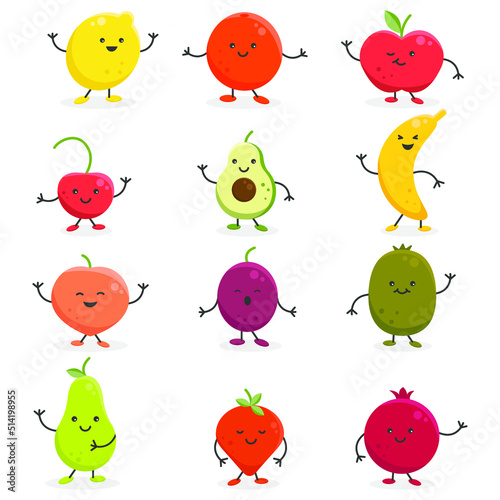 vector set of cute cartoon fruits and berries with different emotions