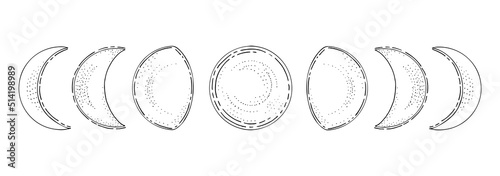 Moon phases set. Bohemian phases of the crescent. Astrological forecast. Hand drawn vector illustration.