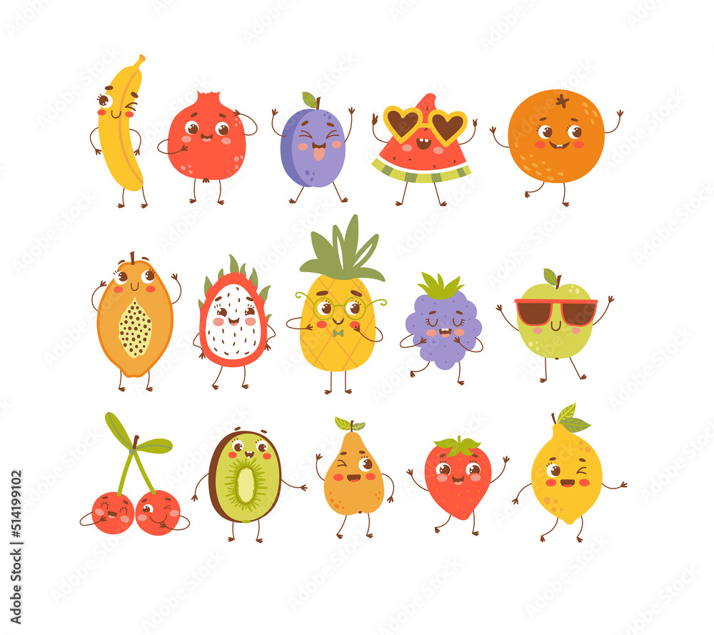 Vector fruits set. Cartoon fruits character with kawaii faces. Clipart for children isolated on white background. Funny pineapple, cherry, lemon, orange, watermelon, papaya, plum, and strawberry. Vector fruits set. Cartoon fruits character with kawaii faces. Clipart for children isolated on white background. Funny pineapple, cherry, lemon, orange, watermelon, papaya, plum, and strawberry.