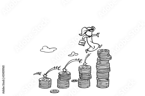Arab businessman stepping several coin stack. Concept of investment growth. Cartoon vector illustration design on isolated background