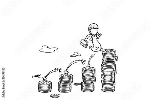 Asian muslim business woman jump over gold coin carefully. Concept of career and salary development. Cartoon vector illustration design