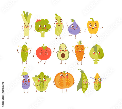 Set of cartoon vegetable characters. Clipart for children isolated on white background. Funny vector food. Tomato, pumpkin, eggplant, broccoli, carrot, artichoke, corncob, green peas, and zucchini.